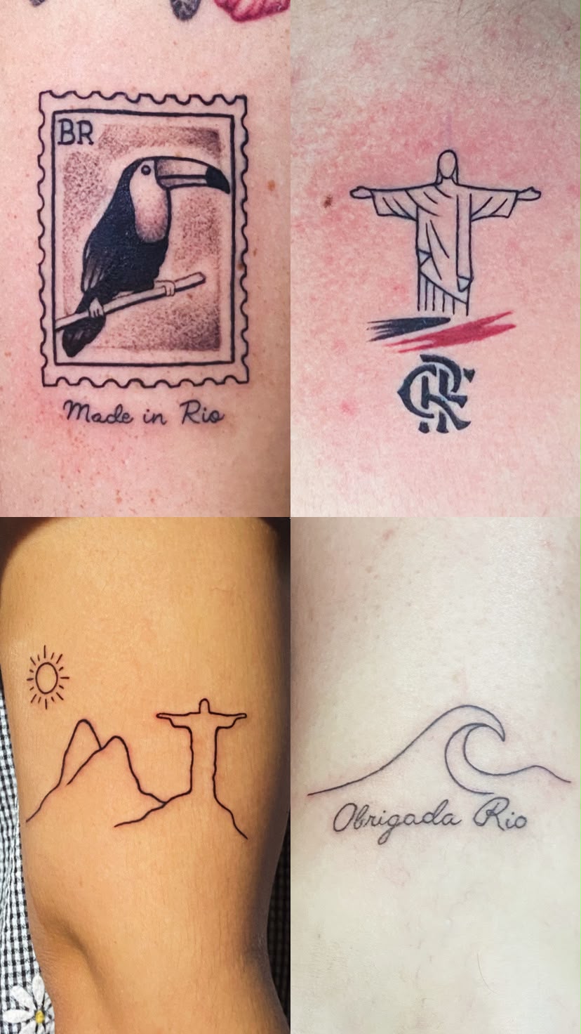 Conjunto de tatuagens pequenas e fine line inspiradas no Rio de Janeiro