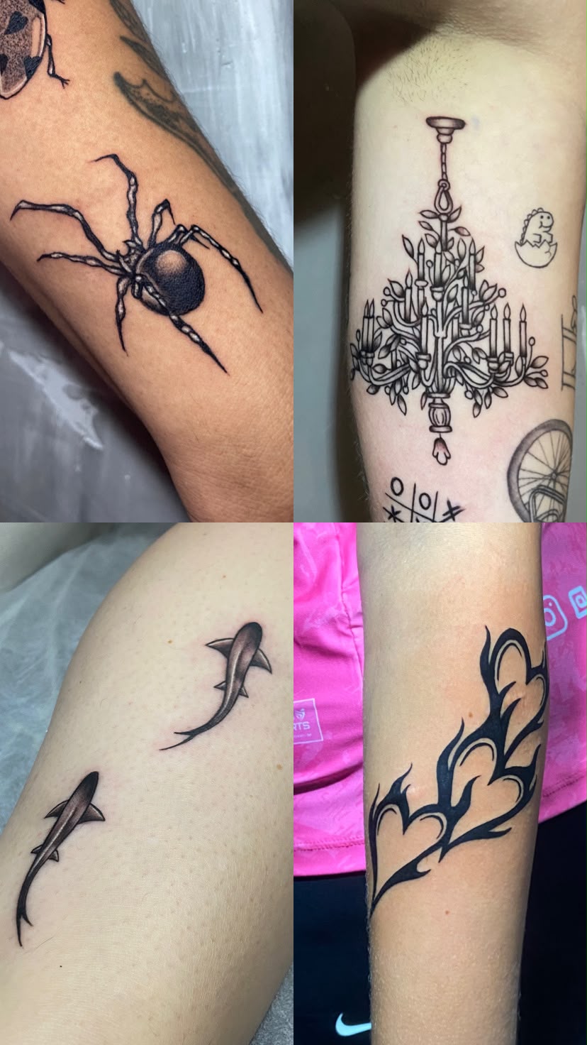 Aranha, lustre, tubarões e tribal em blackwork e fine line