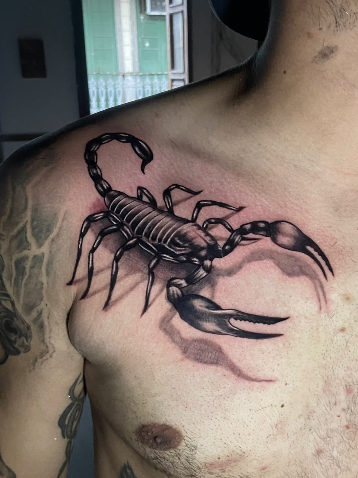 Tatuagem de escorpião com volume e sombras no peito