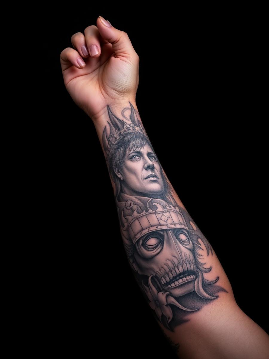 Braço tatuado em realismo preto e cinza com retratos
