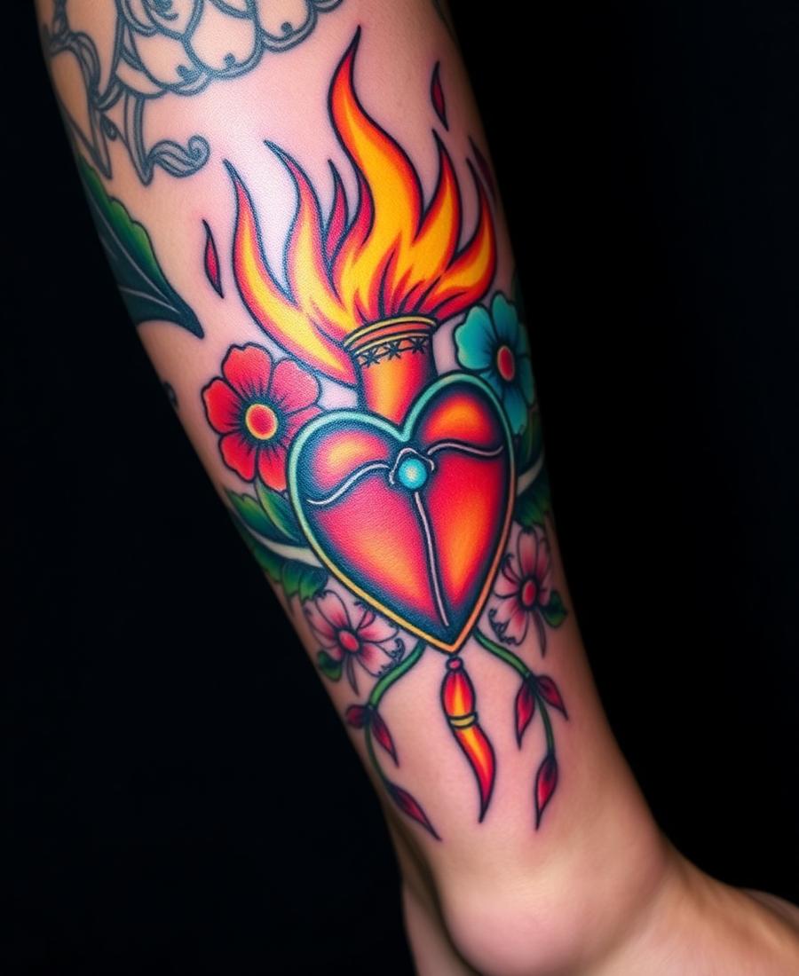 Tatuagem colorida de coração em chamas com flores