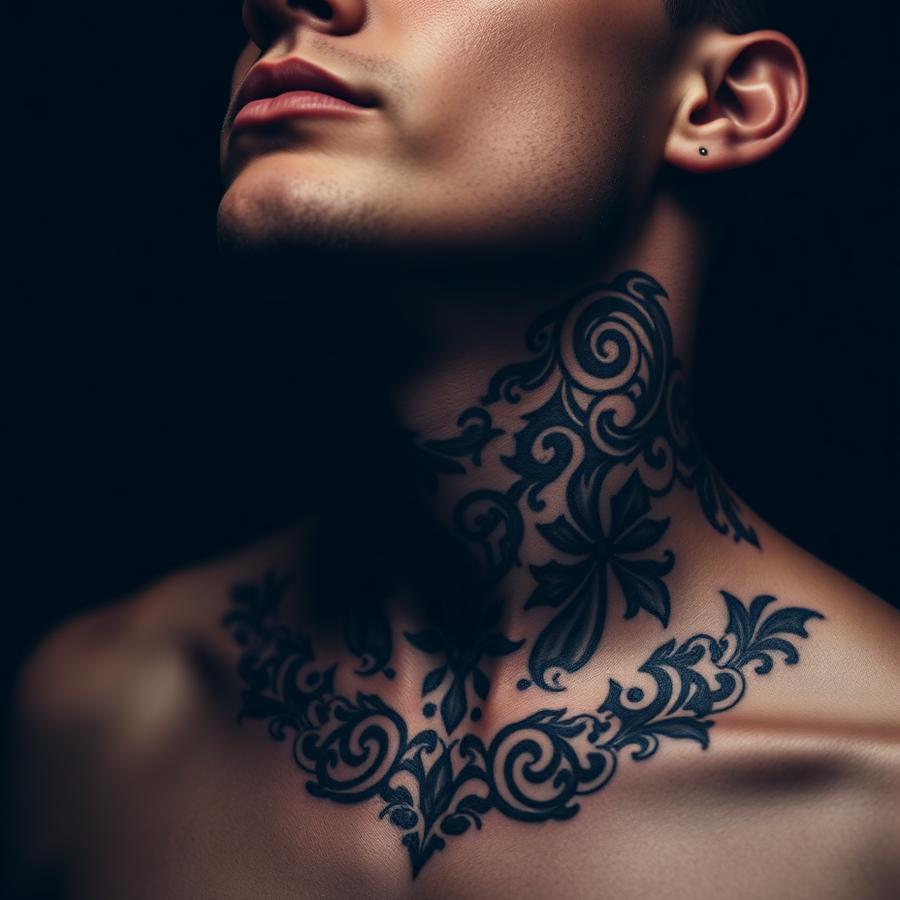 Tatuagem blackwork ornamental no pescoço e peito