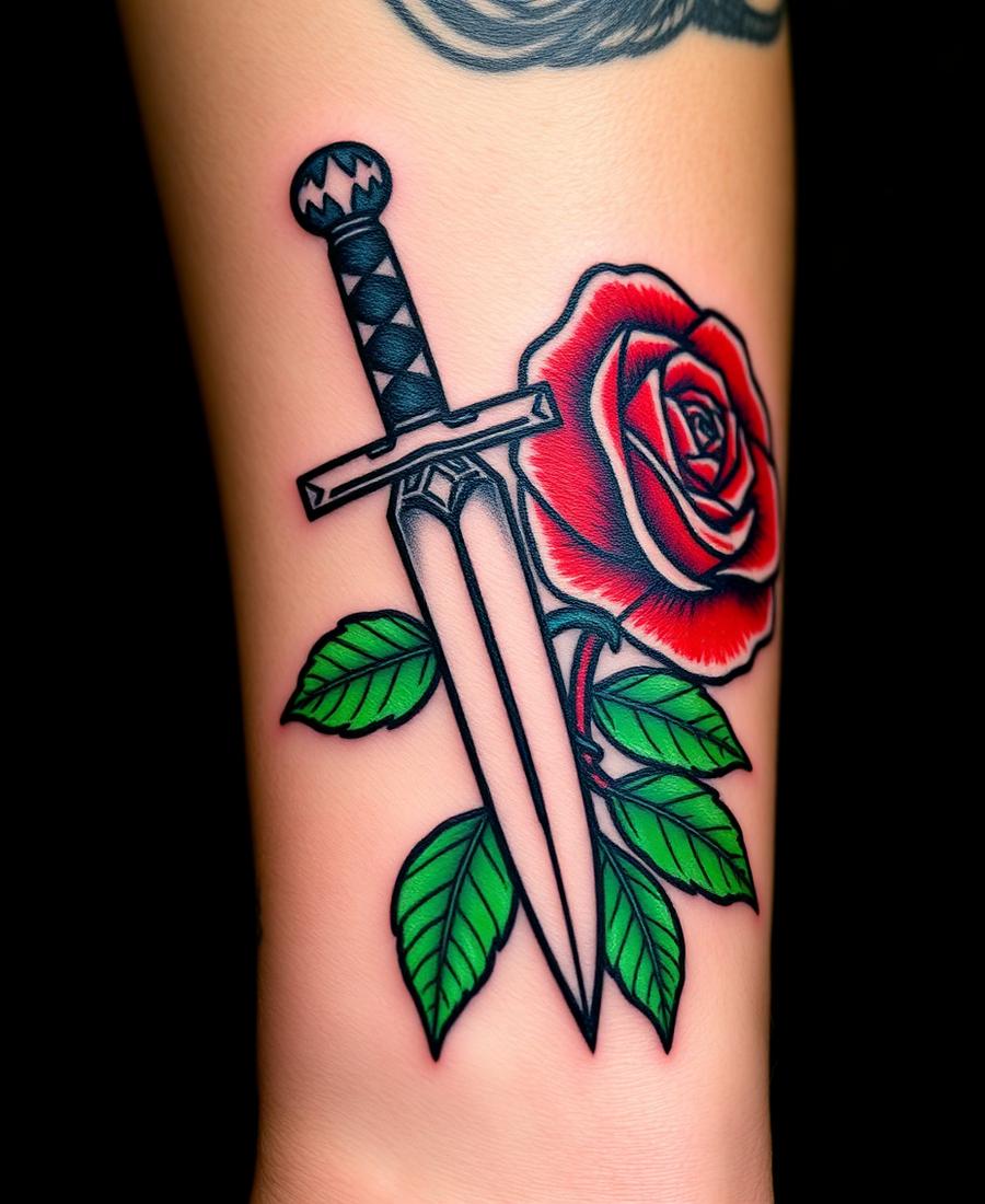 Tatuagem old school tradicional com adaga e rosa colorida